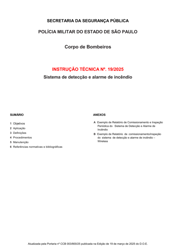 Instrução Técnica 19/2025 - Sistema de detecção e alarme de incêndio