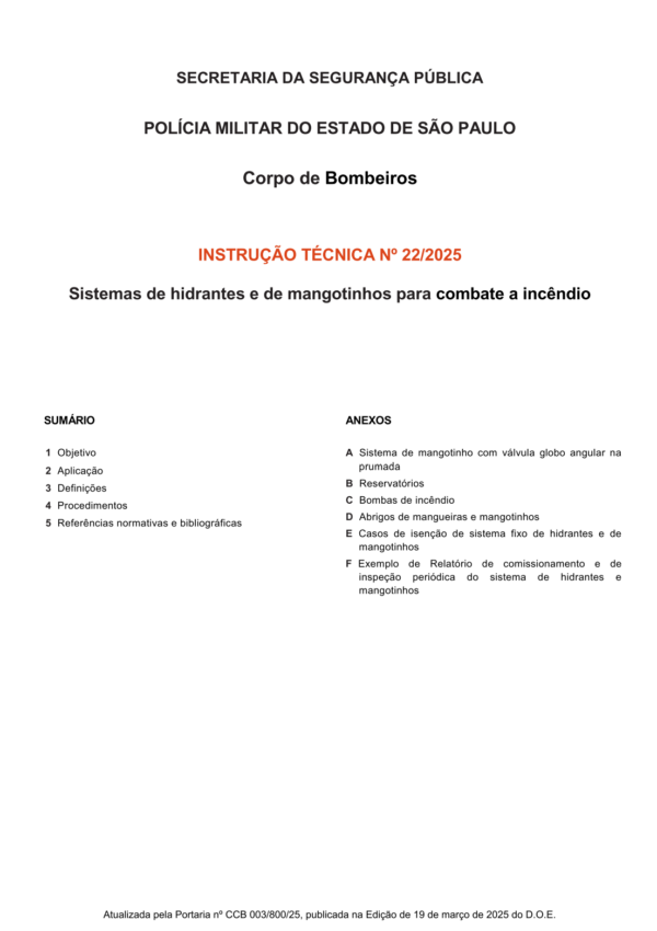 Instrução Técnica 22/2025 - Sistema de hidrantes e mangotinhos